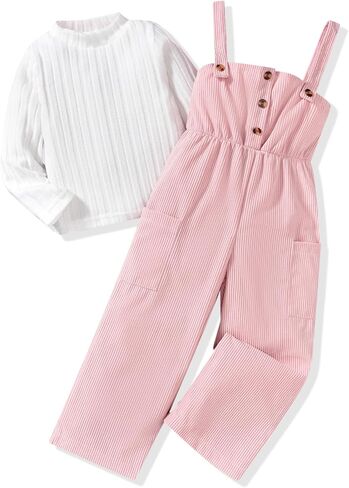 HINTINA Toddler Girl Cloth Long Sleeve Tee Corduroy Button Down Pinafore Overall Jumpsuit 2 Pieces Outfits in Saudi Arabia