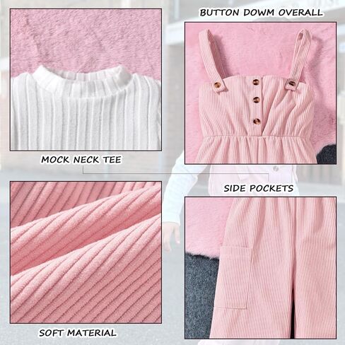 HINTINA Toddler Girl Cloth Long Sleeve Tee Corduroy Button Down Pinafore Overall Jumpsuit 2 Pieces Outfits in Saudi Arabia