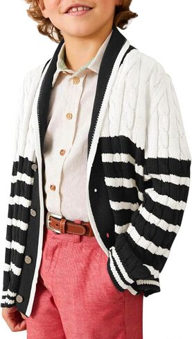 Haloumoning Boys Cardigan Striped Cable Knit Sweater Kids Casual Long Sleeve Shawl Collar Fall Clothes 4-14Y in Kuwait