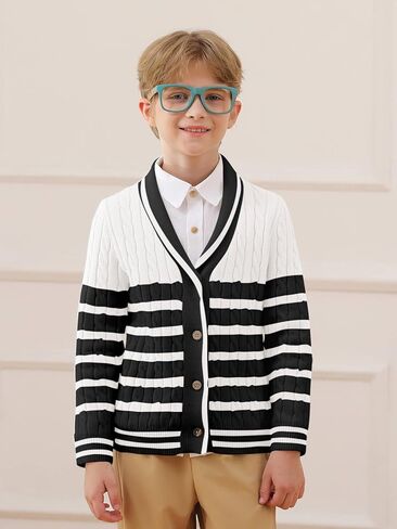Haloumoning Boys Cardigan Striped Cable Knit Sweater Kids Casual Long Sleeve Shawl Collar Fall Clothes 4-14Y in Kuwait
