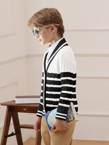 Haloumoning Boys Cardigan Striped Cable Knit Sweater Kids Casual Long Sleeve Shawl Collar Fall Clothes 4-14Y in Kuwait