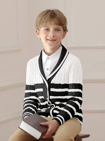Haloumoning Boys Cardigan Striped Cable Knit Sweater Kids Casual Long Sleeve Shawl Collar Fall Clothes 4-14Y in Kuwait