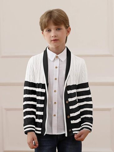 Haloumoning Boys Cardigan Striped Cable Knit Sweater Kids Casual Long Sleeve Shawl Collar Fall Clothes 4-14Y in Kuwait