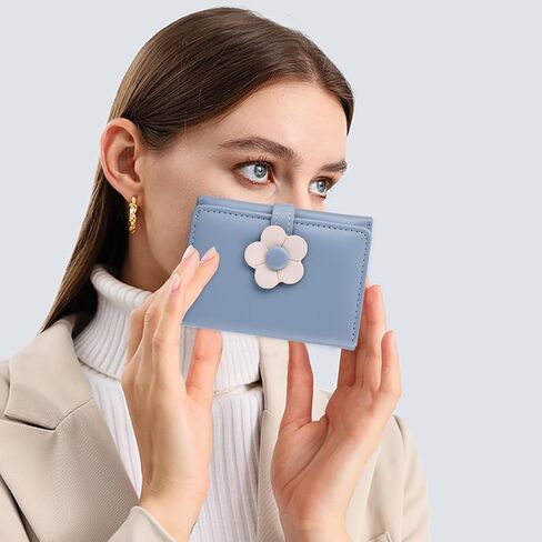 Cute Wallet for Girls Blue Wallet PU Leather Tri-folded Small Wallet Flower Wallet Cash Pocket Flowers Print Card Holder Coin Purse with ID Window Fashion Aesthetic Wallet for Teen Girls Women in Saudi Arabia