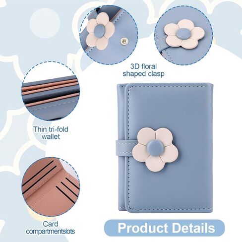 Cute Wallet for Girls Blue Wallet PU Leather Tri-folded Small Wallet Flower Wallet Cash Pocket Flowers Print Card Holder Coin Purse with ID Window Fashion Aesthetic Wallet for Teen Girls Women in Saudi Arabia