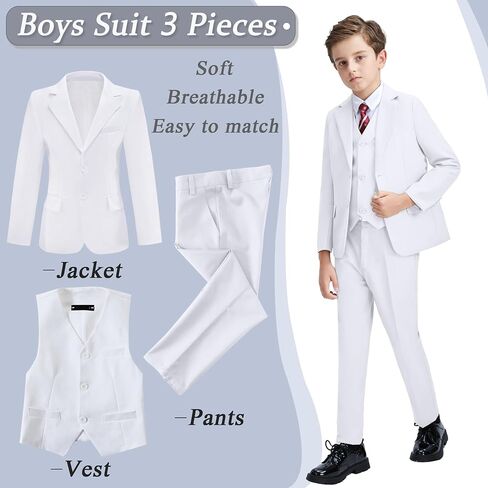 Boys' 3 Piece Suit Set with Suit Jacket, Vest, Pants, Formal Tuxedos Slim Fit Ring Bearer Outfit Size 2-20 in Kuwait