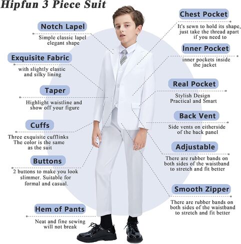 Boys' 3 Piece Suit Set with Suit Jacket, Vest, Pants, Formal Tuxedos Slim Fit Ring Bearer Outfit Size 2-20 in Kuwait