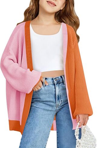 Haloumoning Girls Oversized Batwing Sleeve Cardigan Sweaters Kids Fashion Open Front Color Block Outerwear in Saudi Arabia