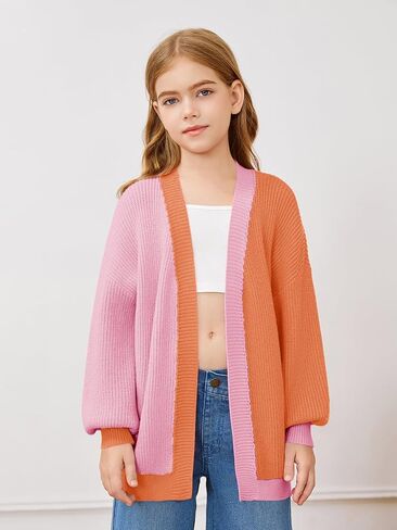 Haloumoning Girls Oversized Batwing Sleeve Cardigan Sweaters Kids Fashion Open Front Color Block Outerwear in Saudi Arabia