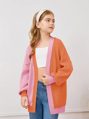 Haloumoning Girls Oversized Batwing Sleeve Cardigan Sweaters Kids Fashion Open Front Color Block Outerwear in Saudi Arabia