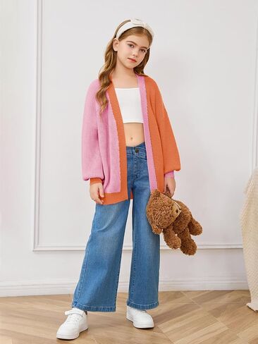 Haloumoning Girls Oversized Batwing Sleeve Cardigan Sweaters Kids Fashion Open Front Color Block Outerwear in Saudi Arabia