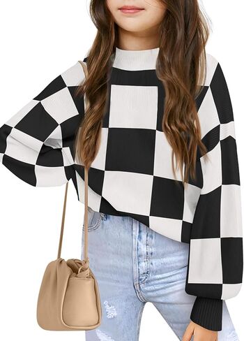 Girls Sweaters Kids Fashion Plaid Mock Neck Pullover Sweater Tops 5-14 Years in Saudi Arabia