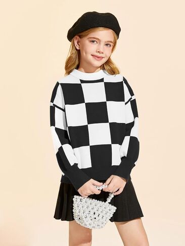 Girls Sweaters Kids Fashion Plaid Mock Neck Pullover Sweater Tops 5-14 Years in Saudi Arabia