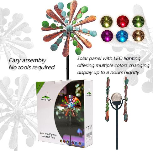 Solar Wind Spinner Aviator3 75in Multi-Color Seasonal LED Lighting Solar Powered Glass Ball with Kinetic Wind Spinner Dual Direction for Patio Lawn & Garden, Easy to Assemble and LED Color Changing in Saudi Arabia