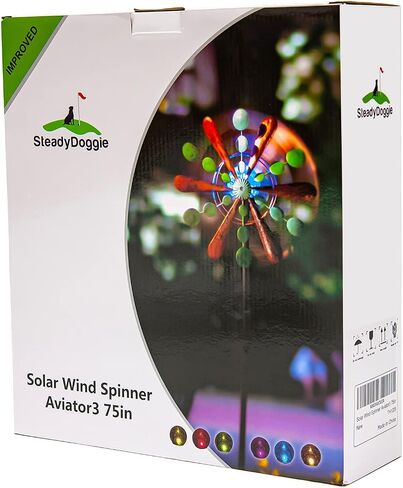Solar Wind Spinner Aviator3 75in Multi-Color Seasonal LED Lighting Solar Powered Glass Ball with Kinetic Wind Spinner Dual Direction for Patio Lawn & Garden, Easy to Assemble and LED Color Changing in Saudi Arabia