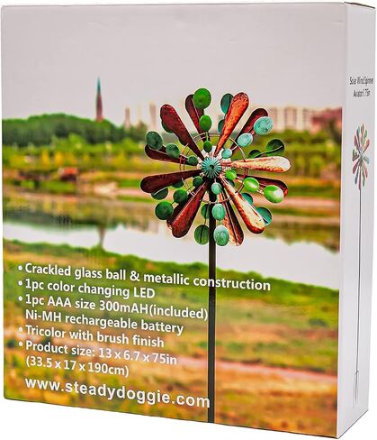 Solar Wind Spinner Aviator3 75in Multi-Color Seasonal LED Lighting Solar Powered Glass Ball with Kinetic Wind Spinner Dual Direction for Patio Lawn & Garden, Easy to Assemble and LED Color Changing in Saudi Arabia