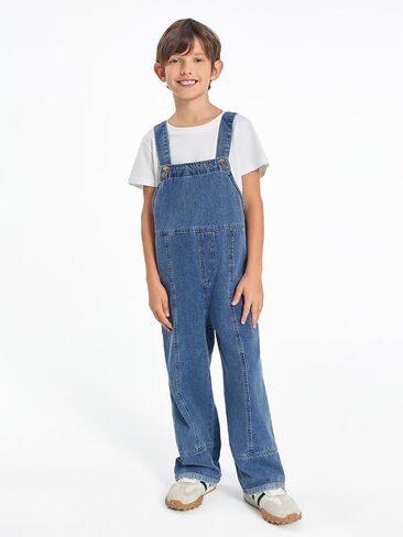 Haloumoning Boys Overalls Denim Cute Adjustable Straps Bib Overalls Kids Loose Fit Jean Jumpsuits 5-14 Years in Saudi Arabia
