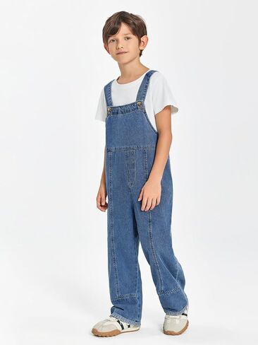 Haloumoning Boys Overalls Denim Cute Adjustable Straps Bib Overalls Kids Loose Fit Jean Jumpsuits 5-14 Years in Saudi Arabia