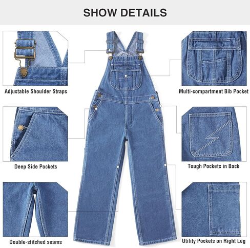 HISEA Boys' Denim Bib Overalls Size 8-16, Boys Youth Relaxed Fit Overall with Adjustable Straps and Convenient Tool Pockets in Saudi Arabia