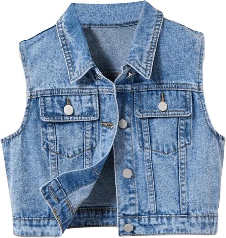 SweatyRocks Girl's Denim Vest Button Down Sleeveless Jean Jacket Outerwear with Pockets in Saudi Arabia
