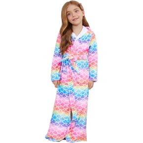 Jxstar Girls Bathrobes Kids Long Hooded Robes Plush Full Length Coral Fleece Pajamas Sleepwear