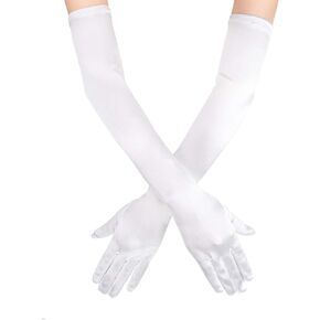 SAVITA Long White Elbow Satin Gloves 21" Stretchy 1920s Opera Gloves Evening Party Dance Gloves for Women