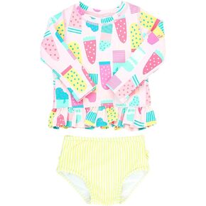 RuffleButts Baby/Toddler Girls Long Sleeve Ruffle Hem Rash Guard Bikini UPF50+ Sun Protected Swimsuit