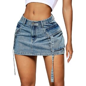 Womens Cargo Skirt Low Waist Button Denim Mini Skirt Summer Y2k Jean Skirt with Flap Pockets