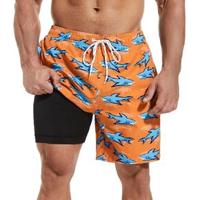 Mens Swim Trunks with Compression Liner 7" Inseam Quick Dry Board Shorts Swim Shorts Bathing Suits
