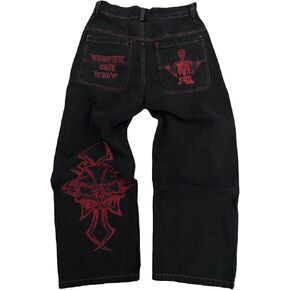Y2K Jeans Men's Hip Hop Vintage Skull Embroidery Wash Denim Pants Gothic Straight Tube Loose Wide Leg Pants