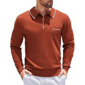 COOFANDY Knitted Long Sleeve for Men Button Collar Polo Sweaters Casual Business Dress Polo Fall Mens Sweater Polo Brown