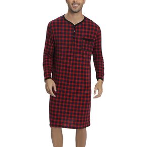 Men's Plaid Long Sleeve Nightshirt Knee-Length Sleepwear with Chest Pocket Sleepwear