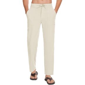 SEVEGO Mens Casual Linen Pants 30''/32''/34''/36'' Elastic Waist Drawstring Straight-Legs Summer Beach Loose Fit Trouser