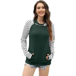 Womens Striped Hoodies Tops Long Sleeve Cowl Neck Casual Pullover Sweatshirts Blouses with Pockets