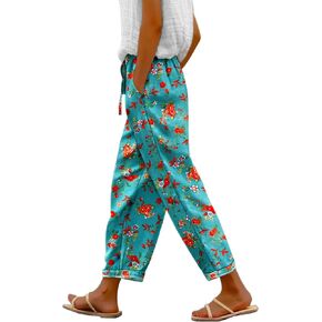 YESNO Casual Pants for Women Summer Floral Boho Lightweight Drawstring Elastic High Waist Pants with Pockets PHT