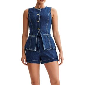 Womens Blazer Vest 2 Piece Set Casual Round Neck Sleeveless Button Down Vest Tops High Waist Short Pants Suit Vest Sets