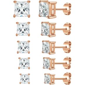 MDFUN 5 Pairs 316L Square Stud Earrings Set, Hypoallergenic Cubic Zirconia 18K White Gold/Yellow Gold/Rose Gold Plated Surgical Stainless Steel Princess Cut CZ Stud Earring for Women and Men 3-7mm