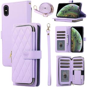 Furiet Argyle Wallet Case for iPhone Xs Max with Wrist Strap Shoulder Strap Card Slots Zipper Purse, Luxury PU Leather Stand Phone Cover for i X XR Xsmax 10x SX Xmax 10xs 10s 10 Plus Xmaxs Purple