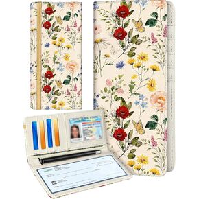 Checkbook Cover for Personal Duplicate Checks - Leather Check Book Wallet Holder for Women Vintage Beige Flower Print Top Stub