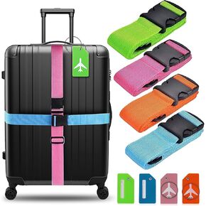 Luggage Straps 8Pack TSA Approved Adjustable Suitcase Belts Travel Packing Belt with Buckle Closure Baggage Security Straps 4 Colors + 4 Luggage Tags