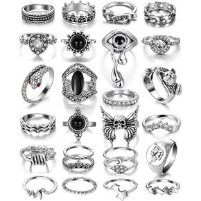 17IF 26-35 Pcs Vintage Silver Knuckle Rings Set for Women Men, Grunge Gothic Rings Chunky Aesthetic Snake Stackable Adjustable Punk Bulky Finger Alt Fairy Skull Frog Heart Star Flower Midi Ring Pack