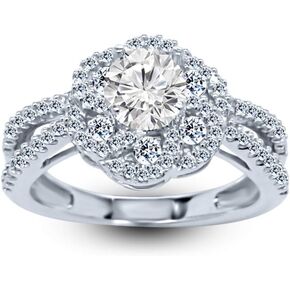 1.25 Carat Classic Lab Grown Synthetic Round Floral Twisting Split Shank Halo IGI Certified Diamond Engagement Ring (0.75 Ct, H-I Color, VS1-VS2 Clarity Center)