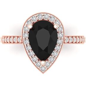 2.36 ct Pear Cut Natural Onyx 18K Yellow Gold Halo Solitaire with Accents Wedding Engagement Bridal Promise Ring