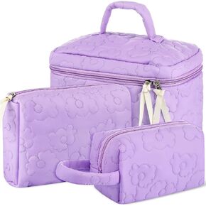 Paterr 3 Pieces Cotton Quilted Makeup Bag Set Coquette Cosmetic Bag Aesthetic Travel Toiletry Bags Cute Pouch Kawaii Aesthetic for Women (Little Flower)