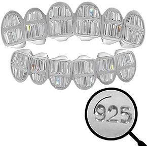 Solid 925 Sterling Silver Real Baguette Grillz - Iced Baguette CZ - Custom Top & Bottom Grills For Teeth - Real Solid Silver NOT Plated
