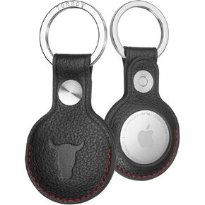 TORRO Genuine Leather AirTag Holder Keychain - Premium Leather Air Tag Case/Cover with Brushed Metal Key Ring (Black)