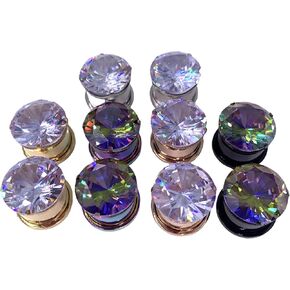2PCS Surgical Steel Ear Gauges, Plugs with Colored Cubic Zirconia Gem, Screw-on piercing jewelry gauge 6g to 5/8''