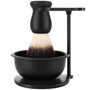 Matte Black Heavyweight Base Shaving Stand with Shave Soap Bowl and Soft Nylon Shaving Brush with Anti-skid Handle Compatible with Most Safety Razors, Men's Grooming Kit for Gent Mens
