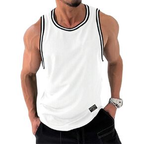 Men's Striped Trim Ribbed Tank Top Crew Neck Sleeveless Muscle T Shirt Casual Summer Tops