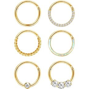 Jstyle 6Pcs Septum Rings 16G 18G Surgical Steel Nose Rings Hoop for Women Cartilage Hoop Earring Clicker Septum Jewelry CZ Opal Hinged Nose Ring Lip Helix Daith Rook Tragus Nose Piercing Jewelry